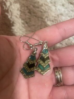 Source Unknown Teal and Black Chevron Drop Earrings